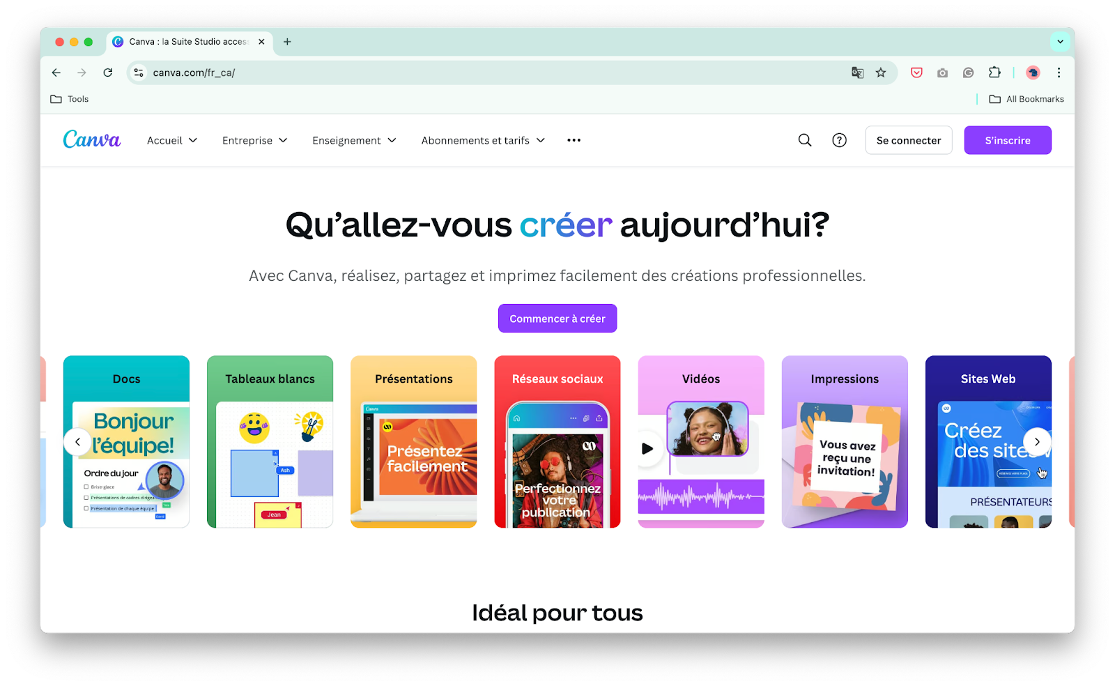 Canva homepage in canadaian french